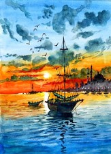 Fishing Boat In The Harbor, Boat In Sunset, Beautiful Sunset, Coast Art Print