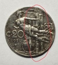 Errore Varietà Difetto Di Conio 20 Centesimi 1921 Regno d'Italia 3 Linee Rilievo