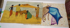 (2) Pannelli/Tessili/Toro d'arte batik africani vintage - tema sterzo firmati Maunzu?