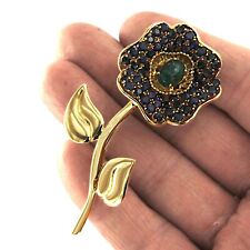 Spilla grande fiore ORO GIALLO MASSICCIO 18 kt SMERALDO naturale e ZAFFIRO blu