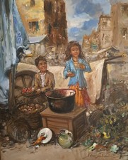 Nino Salvadori (1918) - Napoli-Scugnizzi al mercato -olio su tela cm 85x75