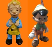 2 Pupazzi Gomma Geppetto Ledra LEDRAPLASTIC Pinocchio WDP Pouet No Rubbertoys 