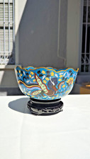 Antica Ciotola Cloisonné Cinese in Smalto Blu con Draghi – Con Supporto in Legno