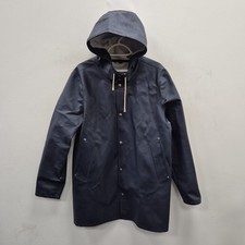 Stutterheim Stoccolma blu navy impermeabile pioggia cappuccio gomma cappotto giacca piccolo