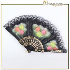 Elegante Ventaglio vintage in stoffa nero e merletto pizzo per signora ricamato