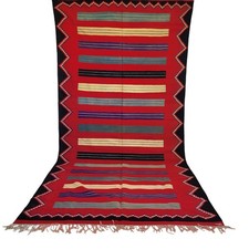 Tappeto rosso marocchino vintage fatto a mano righe berbero kilim tappeto...