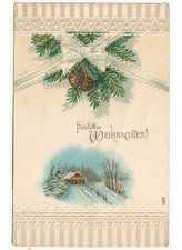 in Rilievo baita innevata ramo abete pigne cartolina Natale Weihnachten