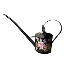 Annaffiatoio vintage dipinto a mano fiori tole metallo nero decorazione giardino casetta