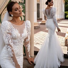 Abiti da sposa eleganti maniche lunghe sirena pizzo applicazioni abiti da sposa perline