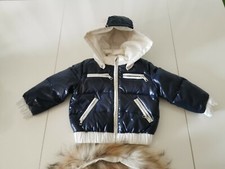 Giaccone blu neonato G. Ferrè con cappuccio bordato di pelo, tg. 9 mesi