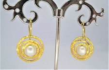 ORECCHINI ORO GIALLO ETRUSCO 18KT 750 PERLA BIANCA VERA NATURALE DONNA MARTELLAT