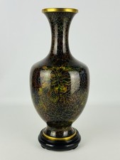 Grande Vaso Cinese Cloisonne Smalto Policromo Floreale XX Sec. Base Legno 42cm