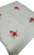Centro Tavola  Tris Centrini Runner Cotone Misto Lino Bianco Ricamo Rose Rosse