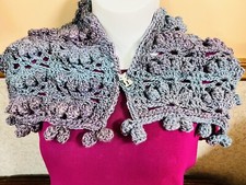 Sciarpa ventaglio palline conchiglia blu viola morbida maglia uncinetto fatta a mano scaldacollo cappuccio