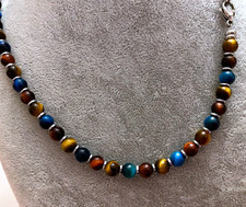 Collana Girocollo Uomo in Pietra Naturale Occhio di Tigre Giallo Rosso Blu 6mm