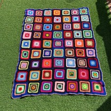 Colorful Crochet Granny Square Blanket 45"x 60" Throw Afghan Boho Handmade Knit