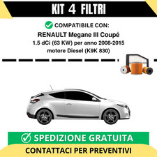 Kit 4 Filtri Tagliando per RENAULT Megane III Coupé 1.5 dCi 63 kw Diesel 2008...