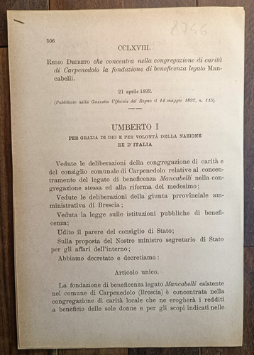 Carpenedolo 1892 regio decreto - regio,