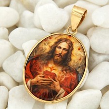 Ciondolo in ORO Giallo 14 kt Sacro Cuore di Gesù Cristo Pendente Medaglia Gesu
