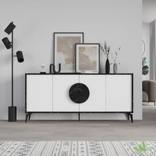 MADIA BUFFET CREDENZA 4 ANTE MODERNA NERO EFFETTO MARMO BIANCO 180x35.6XH 82 cm