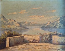 PAOLO  SALA - Terrazza Sul Lago- Stupendo Vecchio Olio Su Tavola