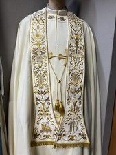 STOLA ROMANA BIANCA Per Sacerdote Ricamata Seta Moiré - Made In Italy