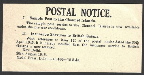 India 1945 avviso postale - india,