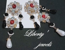 BELLISSIMI ORECCHINI LIBERTY '20 CM.10 RUBINI,ZAFFIRI,BRILLANTI,LEGA ORO/ARGENTO