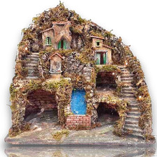 Presepe napoletano artigianale con cascata e mulino 50x37x47 cm