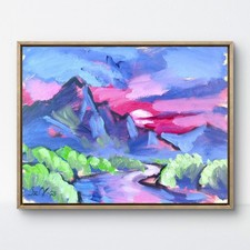 Dipinto Olio Originale 12x16 Tela Tramonto Valle Fiume Neo Espressionista