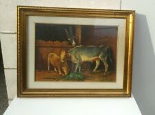Grande Quadro Dipinto a mano  animali mucca pecora cavallo stalla cornice dorata