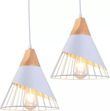 Set di 2 Lampade a Sospensione Vintage, Luce da Soffitto in Metallo Design Legno