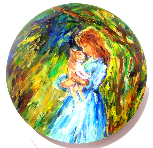 Quadro olio ragazza con gatto