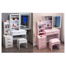 Set Tavolo Da Toeletta Per Trucco Cosmetici Con Specchio Led Morbido Sgabello Ca