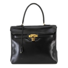 VINTAGE HERMES Kelly Monaco borsa a mano scatola vitello nero Sac a...