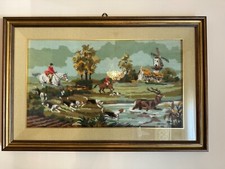 QUADRO RICAMATO A MANO A MEZZO PUNTO SCENA DI CACCIA  90x 60 - OTTIME CONDIZIONI