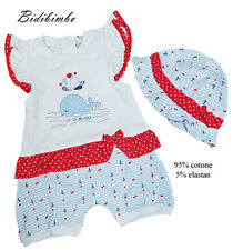 Set 2 pz. tutina pagliaccetto neonata spalla larga + cappellino BIDIBIMBO 0/12 m