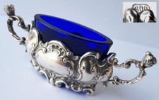 Contenitore Di Sale In Vetro Blu Cobalto Argento 800 Intorno Al 1900 L365