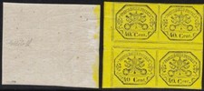 1867 Stato Pontificio, n. 19 40c. giallo **/* QUARTINA Firma Bolaffi