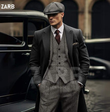 Cappotto lungo e berretto lana nero stile Peaky Blinders | Abito classico vintage anni '20