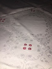 Tovaglia tessuto Damasco foglie cotone ricamo a mano con boccioli Rossi Vintage