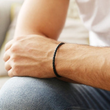 Bracciale Acciaio Uomo Donna Nero corda cuoio intrecciato braccialetto in pelle