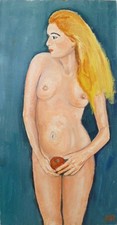 DIPINTO OLIO SU TAVOLA - NUDO DONNA BIONDA 3/4, TIENE MELA