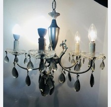 Lampadario Vintage In Metallo E Gocce Di Vetro Grigio A Coppe 5 Luci Antico