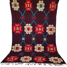 Vibrante tappeto marocchino fatto a mano in lana rosso giallo fiore frange...