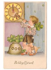1943 bambino tromba maiale orologio cartolina Buon Anno Boldog Ujevet