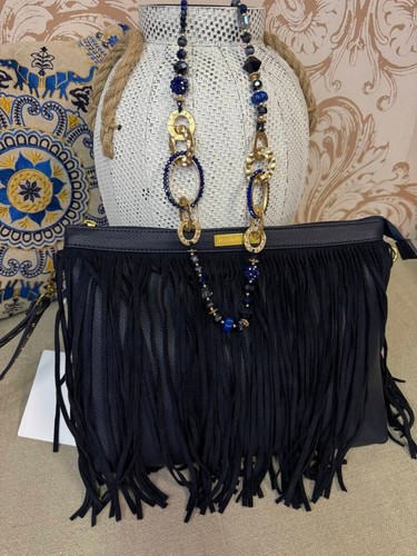 Borsa ecopelle blu frange - ecopelle,
