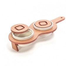 ANTIPASTIERA 2 CIOTOLE IN CERAMICA BIANCA CON VASSOIO LEGNO Porta Cibo Portata