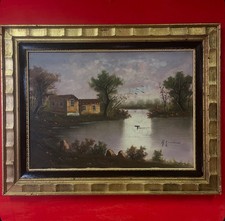 quadro dipinto a olio su tela paesaggio montano di montagna con cornice anni 70