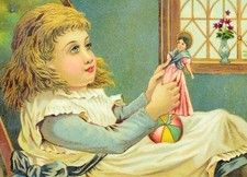 1870-80 Bella ragazza con bambola benedizione poesia vittoriana album card F83